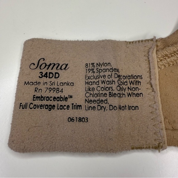 Soma Embraceable Full Coverage Lace Trim Bra in Nude Size 34DD GUC - Picture 5 of 5